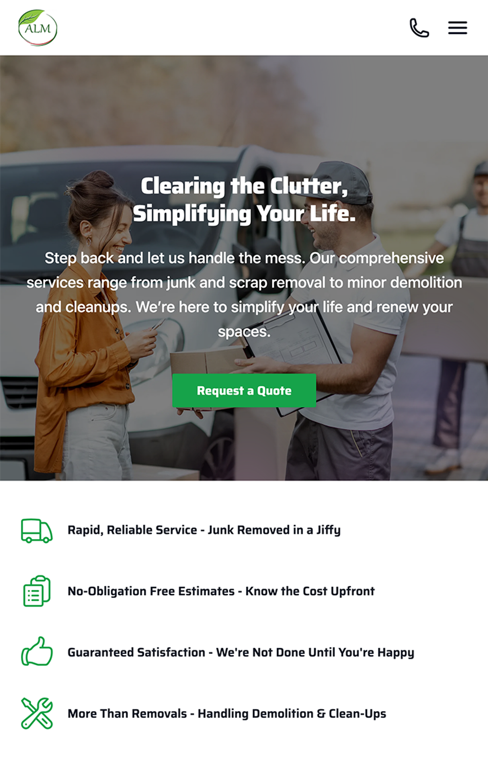 ALM Junk Removal mobile homepage