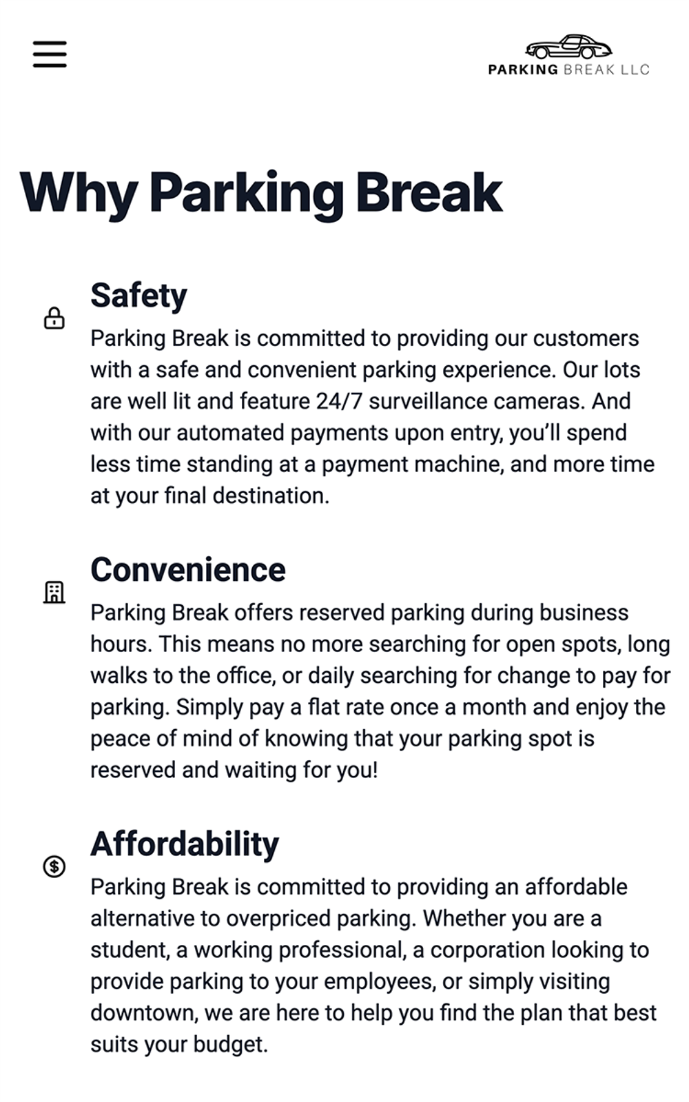 Parking Break LLC why us mobile section