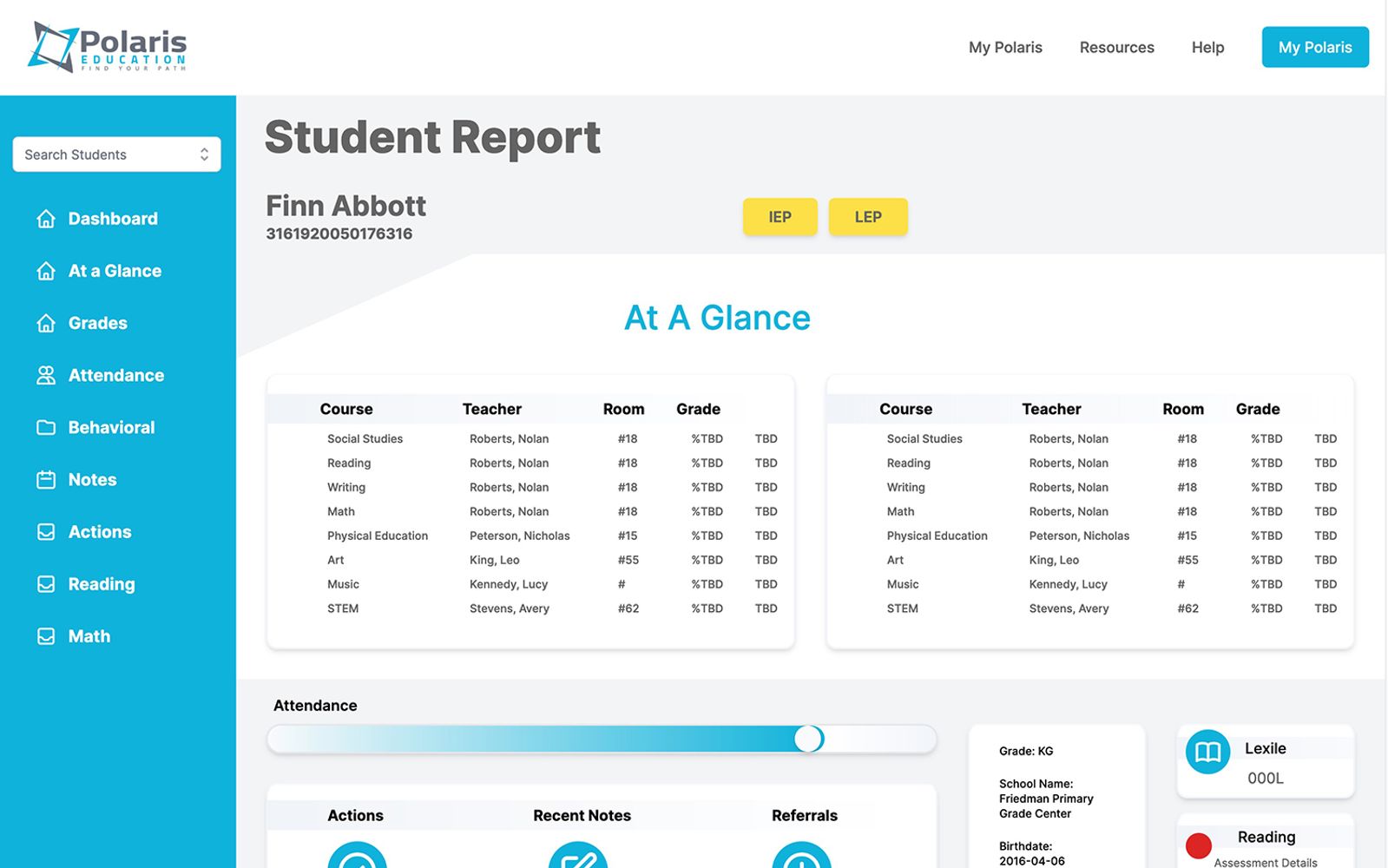 Polaris Education web application dashboard