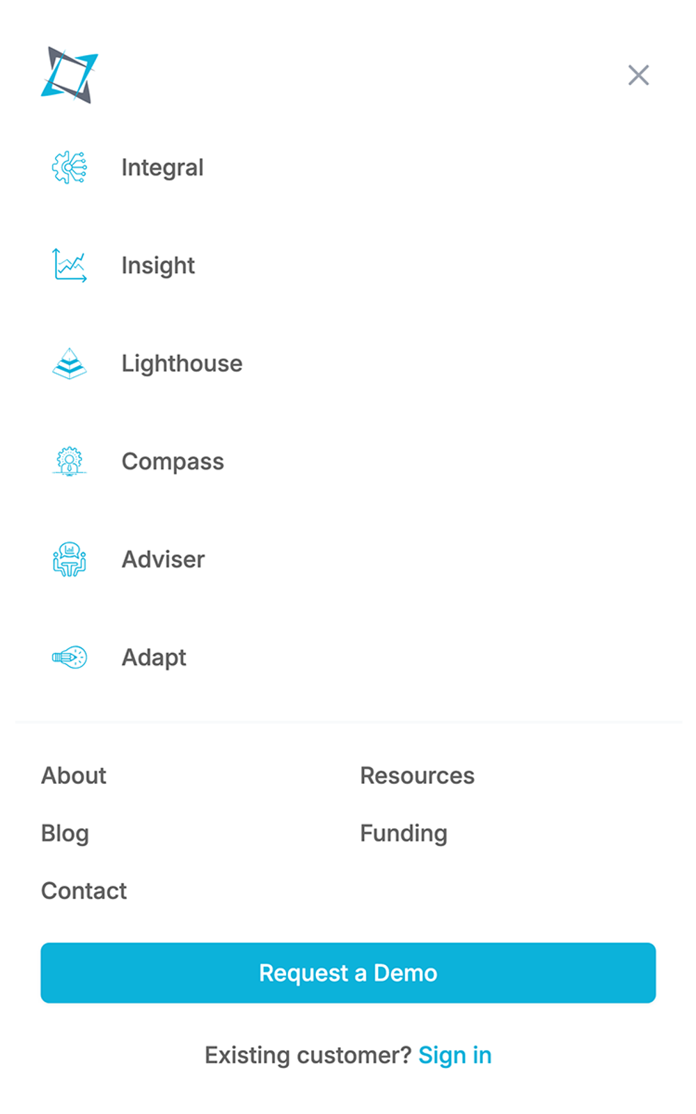 Mobile menu with cyan colored icons and gray text