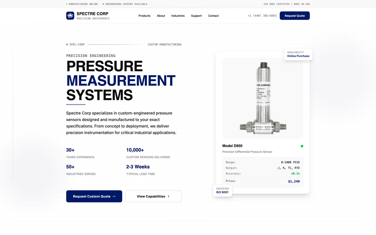 Industrial style website for Spectre Corp