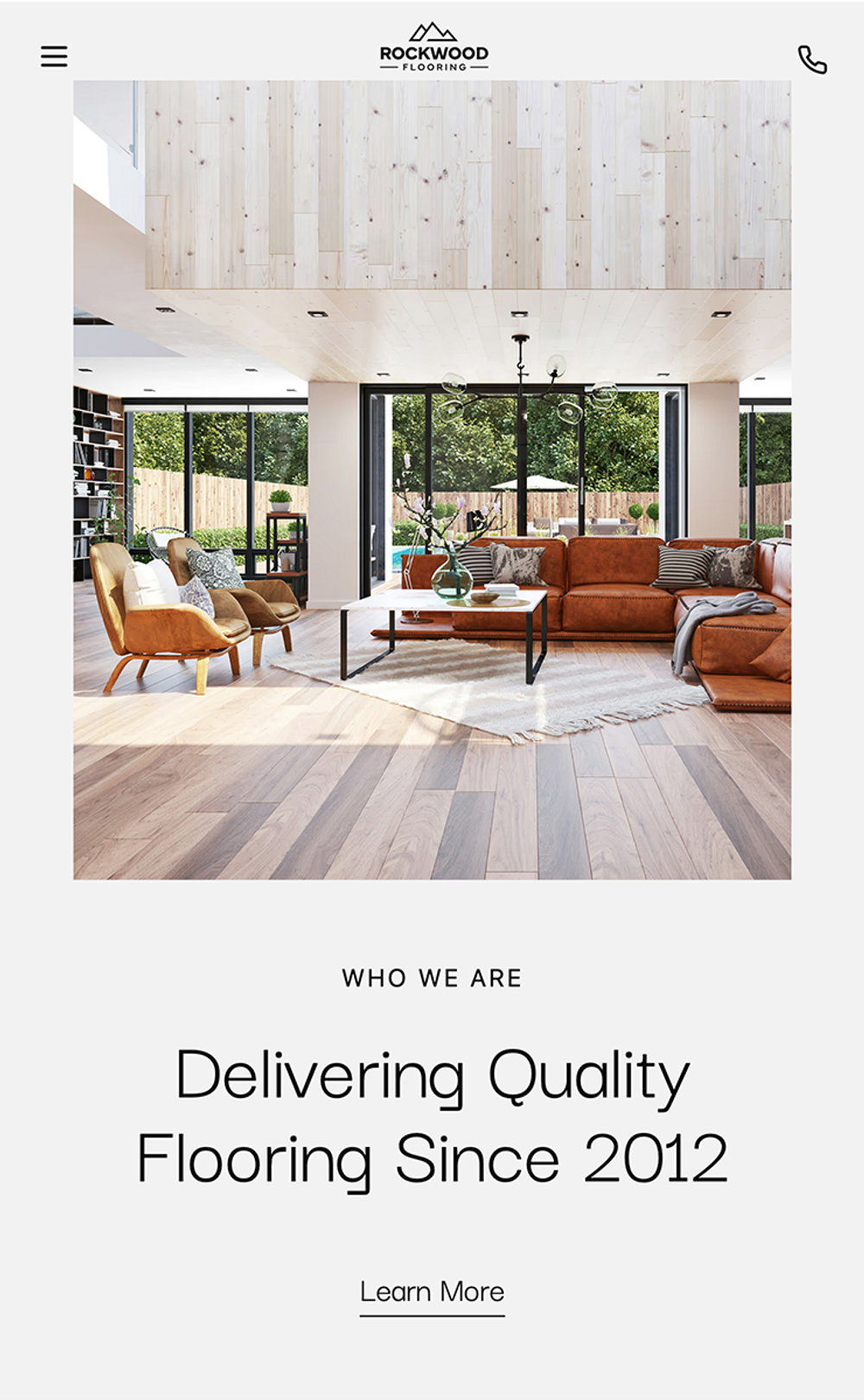 Rockwood Flooring Who We Are section with image of natural lit house with wood floors