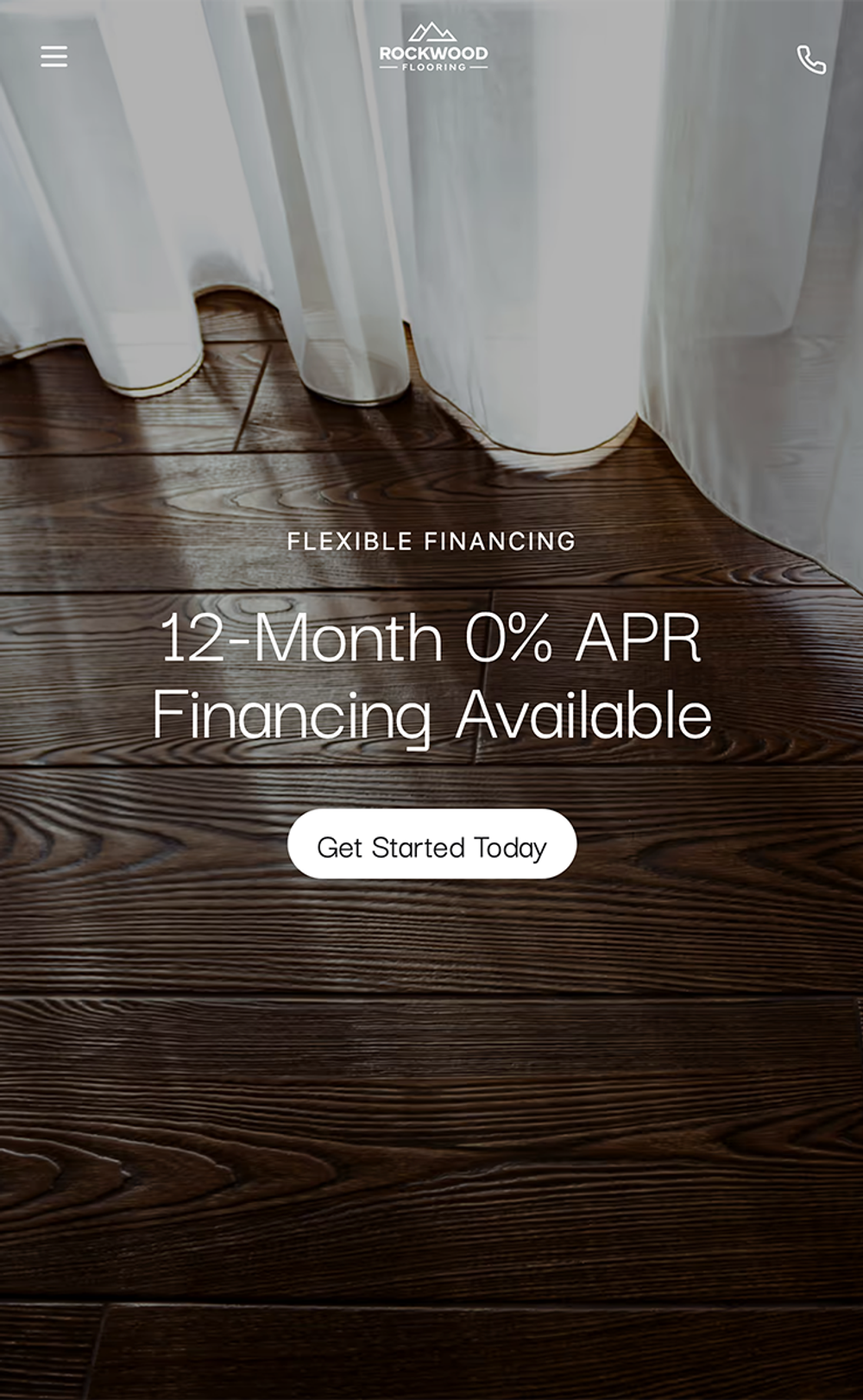 Rockwood Flooring Financing section with image of dark wood floors and white curtains