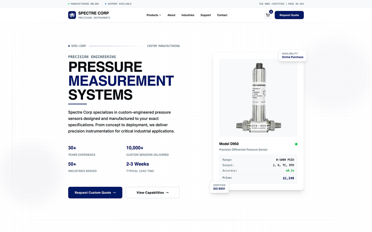 Modern corporate website for a pressure sensor manufacturer