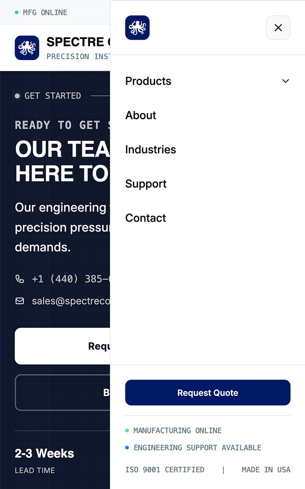 Mobile menu open with dark navy blue section in the background